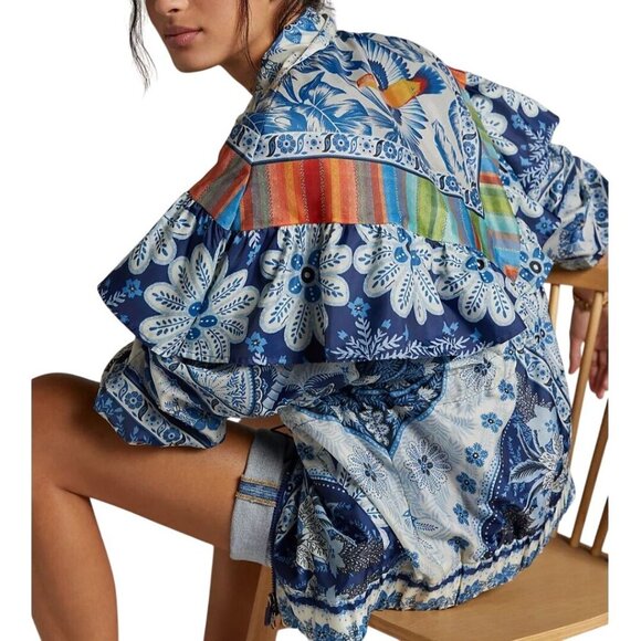 Anthropologie Farm Rio NWOT Blue Palms Windbreaker Jacket Ruffle Detail Size M - Picture 6 of 16